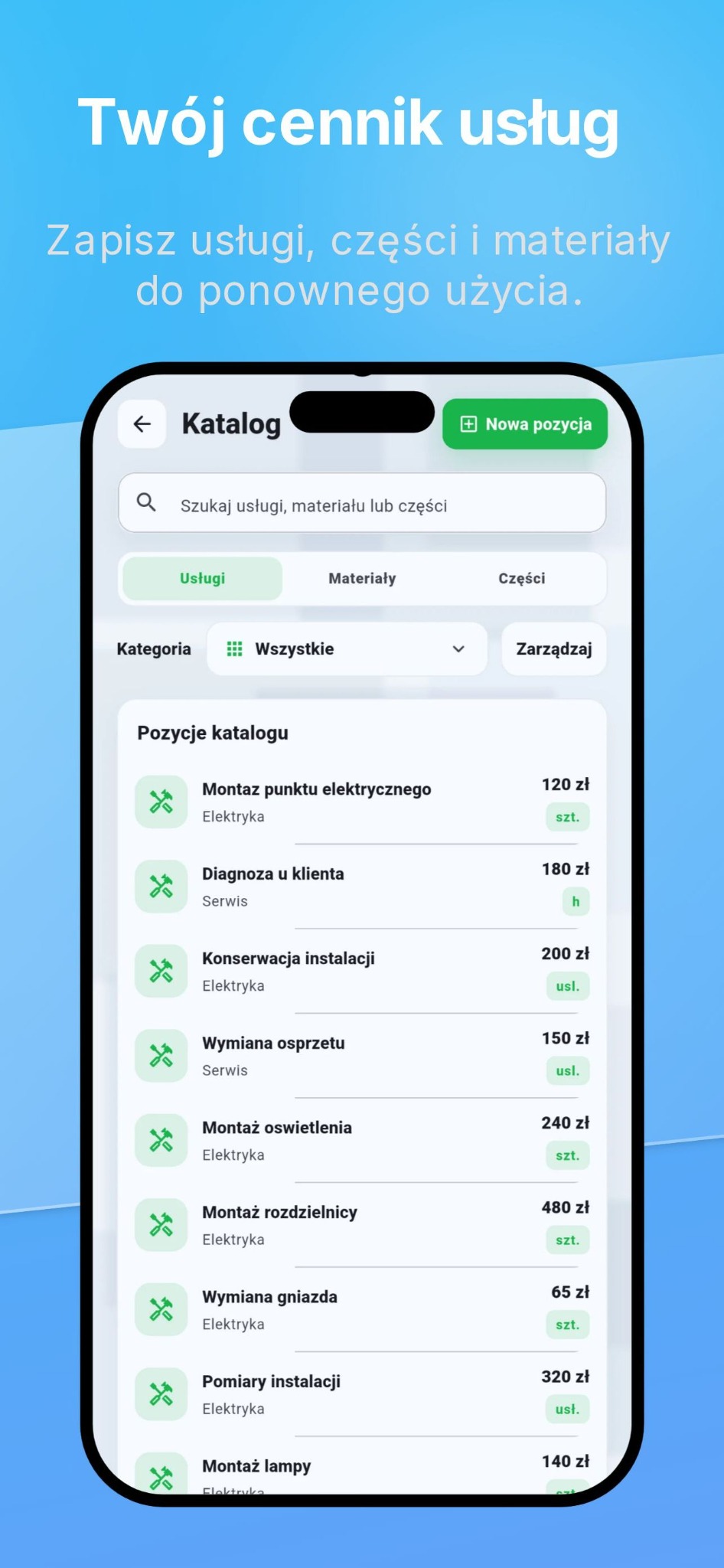 Katalog usług i materiałów w aplikacji PricePad