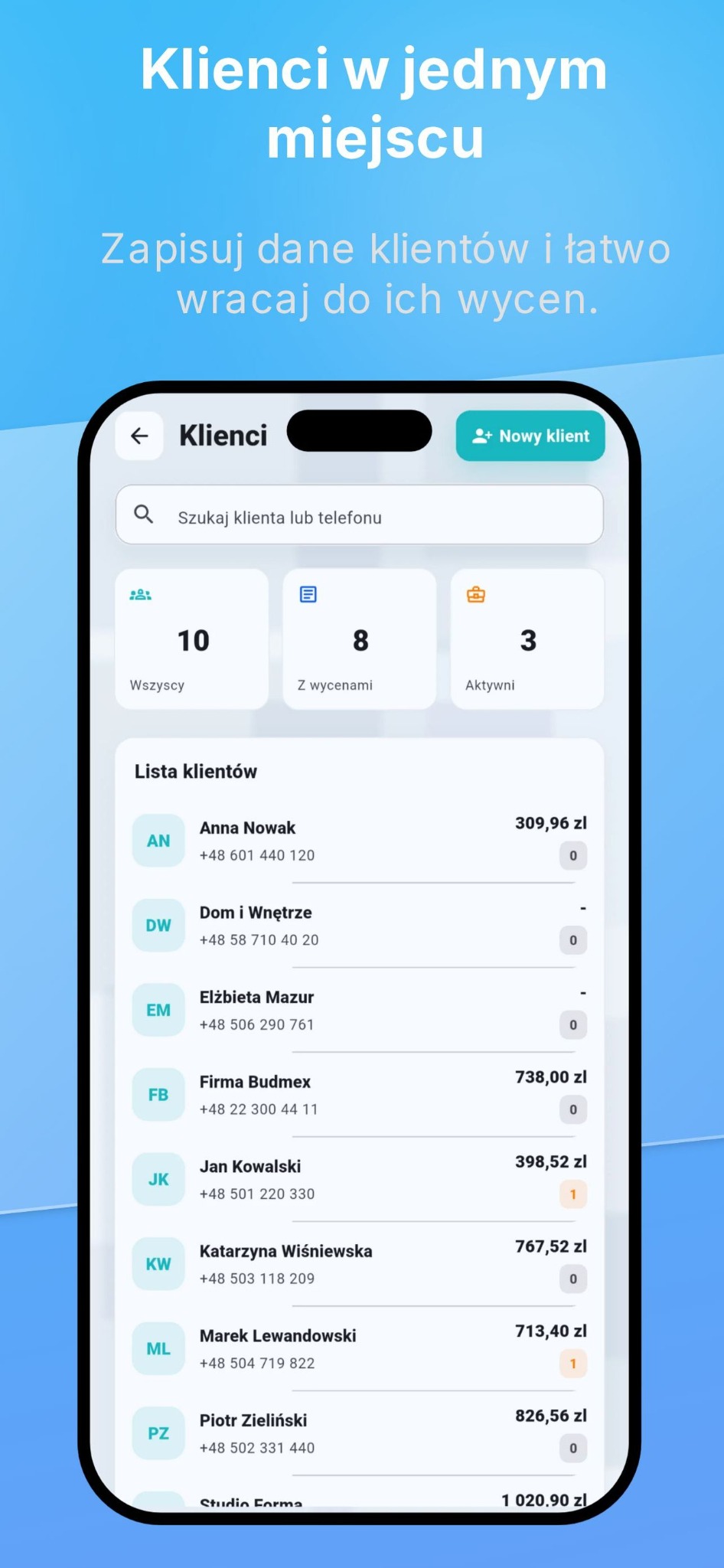 Lista klientów w aplikacji PricePad