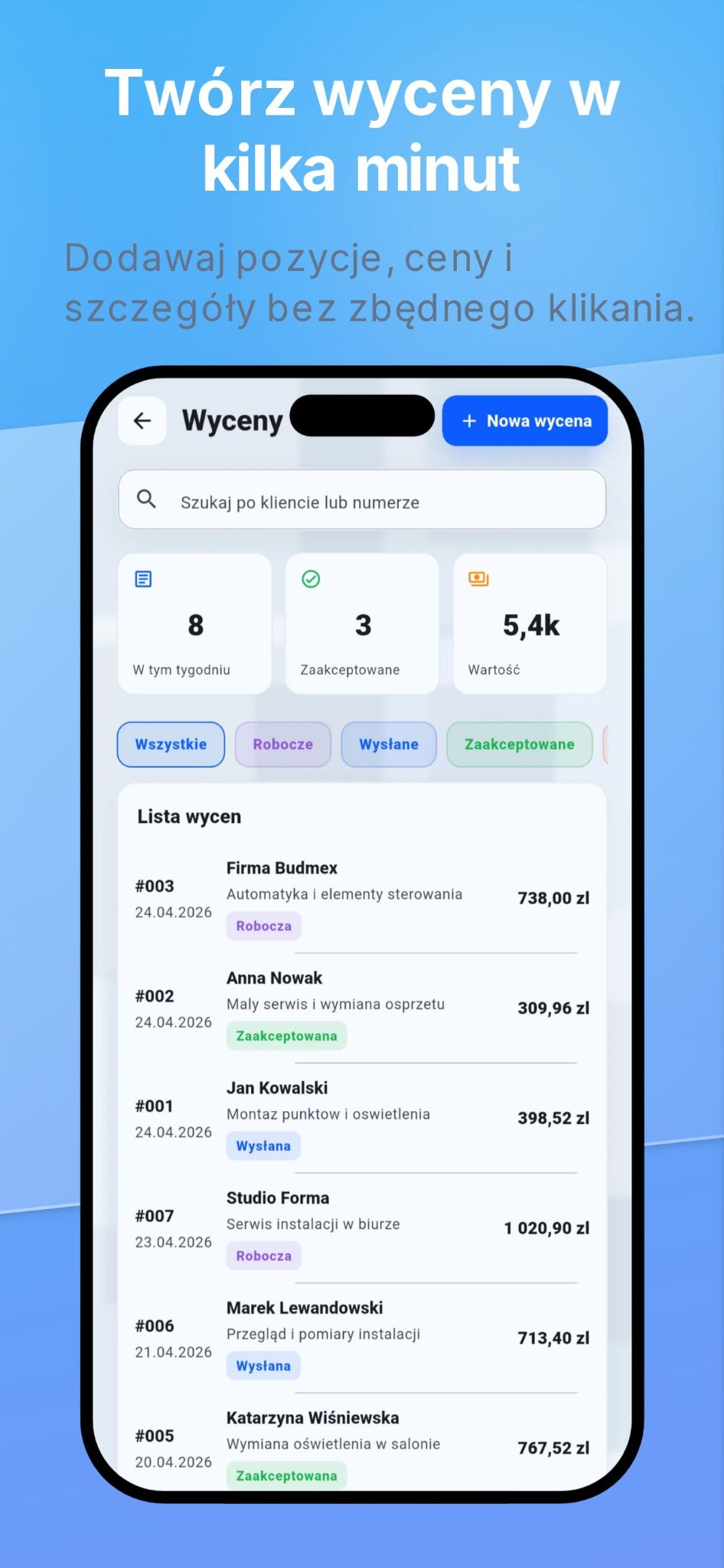 Lista wycen w aplikacji PricePad
